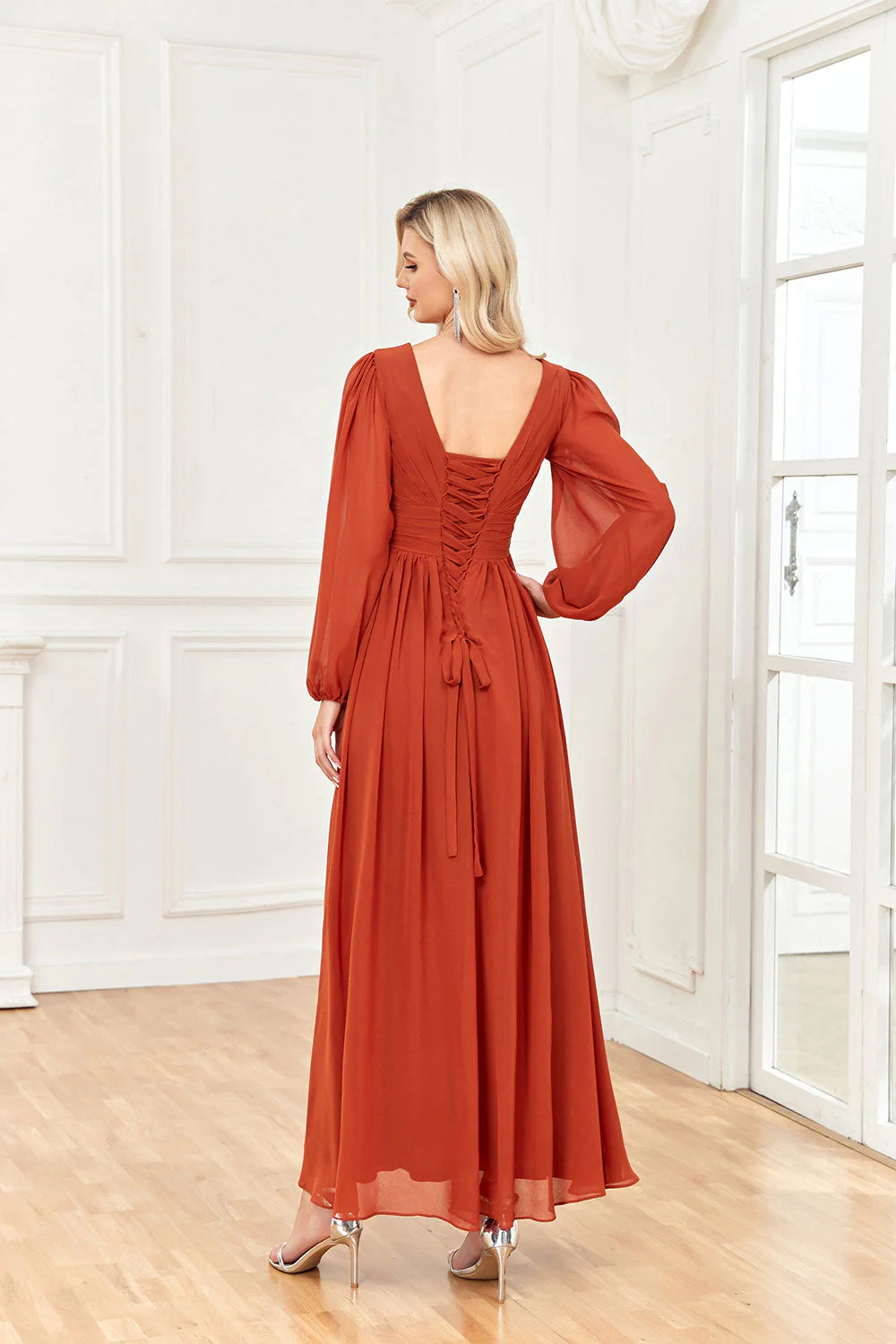 Wholesale A Line V Neck Long Sleeves Chiffon Prom Formal Dresses With Ruffles